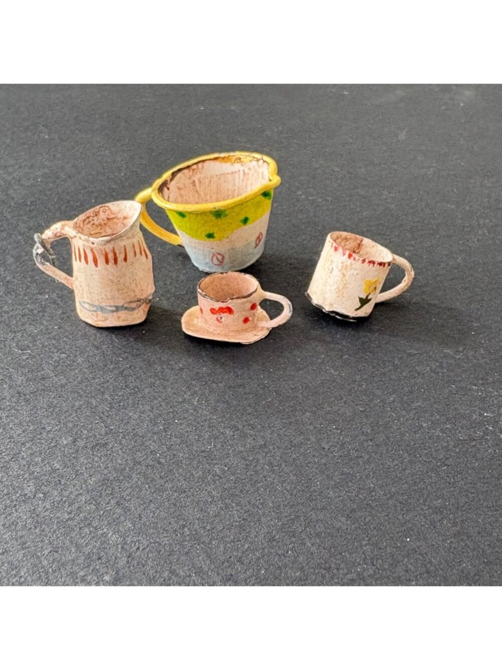 Dollhouse Miniatures Cup Pitcher Lot Metal Painted flaws Unbranded Vintage